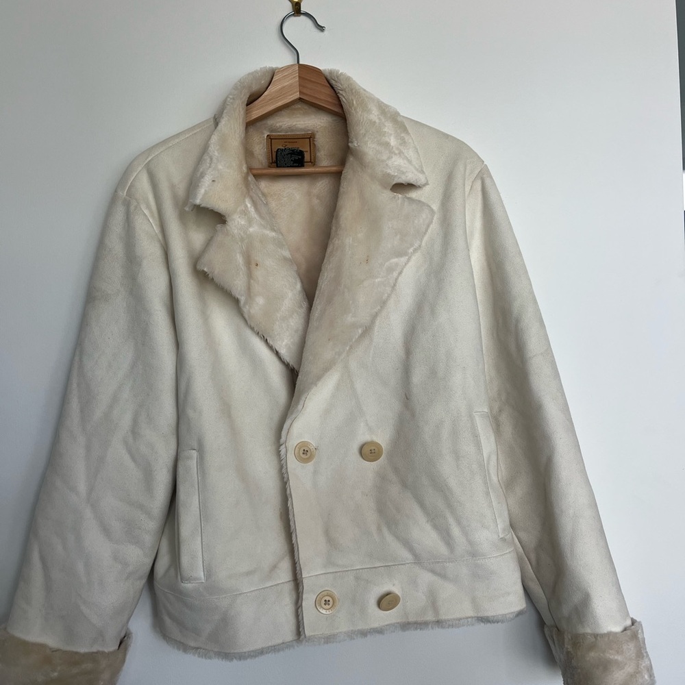 Cream Double-Breasted Faux Fur Jacket